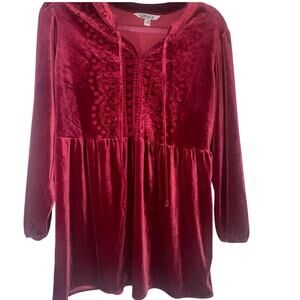 The Pioneer Woman Crimson Red Velvet Tunic Top Embroidery Velour Blouse Medium